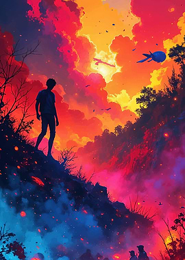 Boy on Hillside Under Fiery Sky