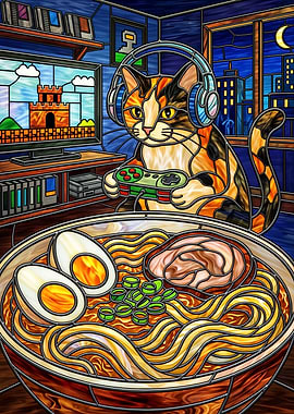 Cat gamer eating ramen