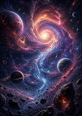 Cosmic Swirl Galaxy with Planets