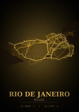 Rio de Janeiro Gold City Map — Brazil Night Travel Poster