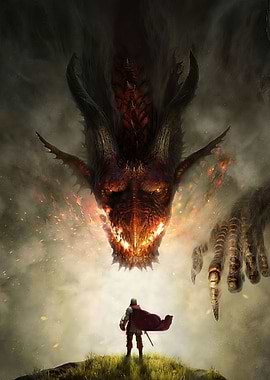 Knight faces a colossal dragon