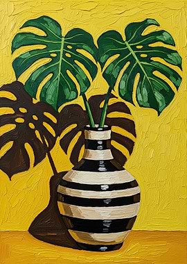 Monstera Leaves in Striped Vase