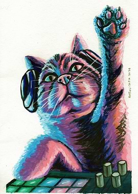 DJ Cat with Headphones and Paw Raised