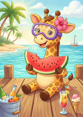 Cute Giraffe Enjoying Summer at the Beach