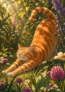Orange Cat Stretching in Flowers