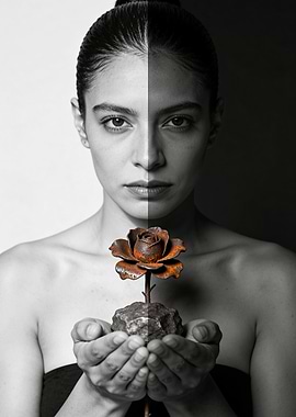 Woman holding a metal rose