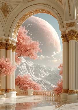 Fantasy Palace Balcony with Cherry Blossoms and Planet