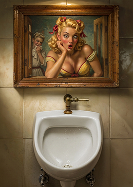 Pin-up painting above a urinal