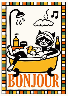 Cat Taking a Bath with 'Bonjour'