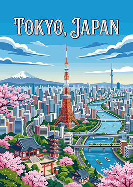 Tokyo Cityscape with Cherry Blossoms
