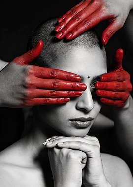 Woman with Red Hands Covering Eyes