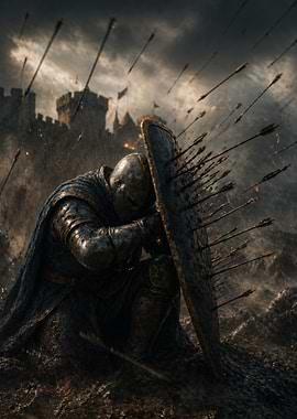 Knight defending against arrows