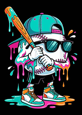 Cool Baseball Character Poster, Graffiti Style Sports Art, Urban Athlete Wall Print