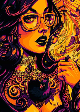 Pop Art Portrait of a Woman with Bird