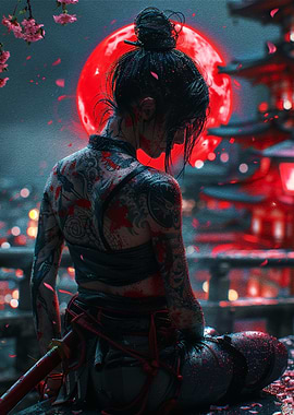 Samurai Woman Under Red Moon