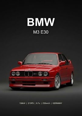 Red BMW M3 E30 legend car poster