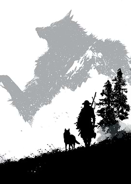 Lone Wanderer and Wolf in Mountain Landscape