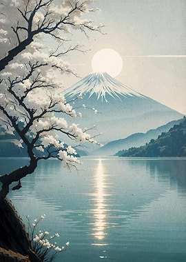 Mount Fuji with Cherry Blossoms and Lake