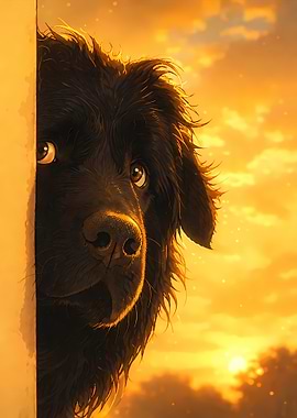 Newfoundland Dog Peeking at Sunset