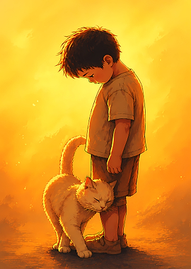 Boy and Cat in Golden Light