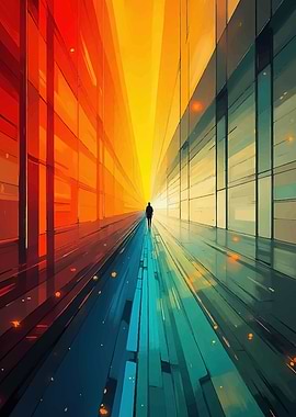 Man walking down a colorful hallway