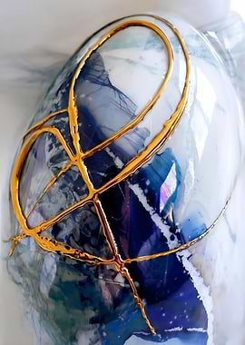 Kintsugi Ceramic – Blue & Gold Abstract – Abstract Porcelain #19