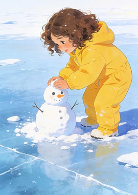 Child Building a Snowman on Ice