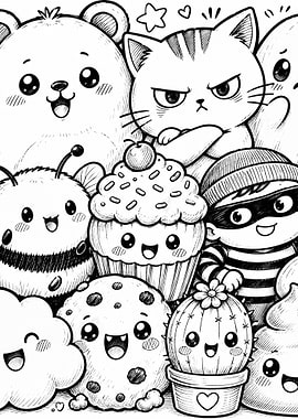Kawaii Characters and Sweets Coloring Page