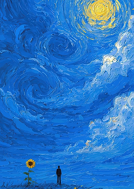 Man and Sunflower Under Starry Sky