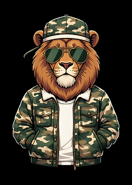 Cool Lion in Camouflage Outfit, Baseball Cap and Sunglasses
