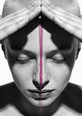 Woman with Pink Paint Drip on Forehead