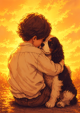 Child hugging a dog at sunset