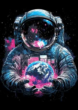 Astronaut Holding Earth Poster, Cosmic Space Art, Galaxy Nebula Wall Print