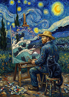 Van Gogh painting cats in starry night