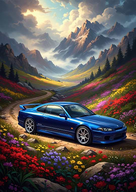 Blue Sports Car in a Mountain Meadow