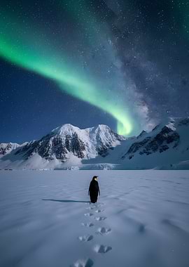 Penguin Under Aurora Borealis Northern Lights