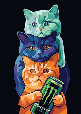 Cats Stacked with Monster Energy Can