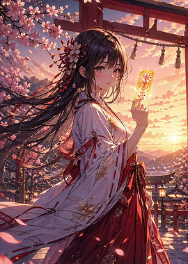 Miko with Omamori at Sunset