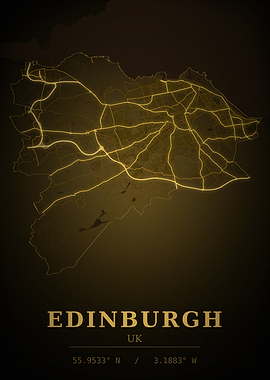Edinburgh Gold City Map — UK Night Travel Poster London Gold City Map — United Kingdom Night Travel Poster
