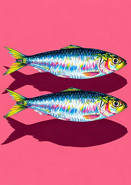 Two colorful fish on pink background