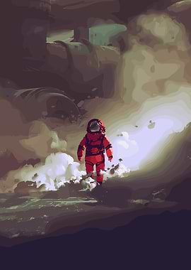 Astronaut in a smoky, industrial landscape