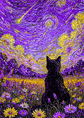 Black Cat Gazing at Starry Night Sky