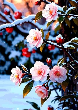Pink Camellias in Snow
