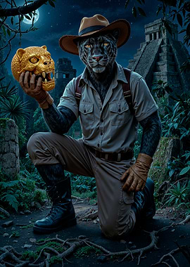 Anthropomorphic Panther Explorer in Jungle Ruins