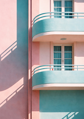 Art Deco Building Facade with Balconies - Retro Miami