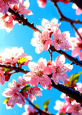 Pink Cherry Blossoms Against Blue Sky