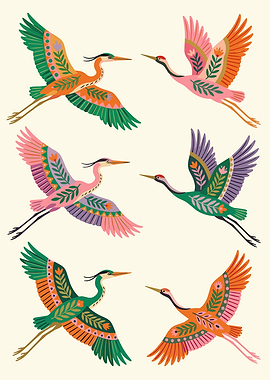 Colorful Cranes in Flight