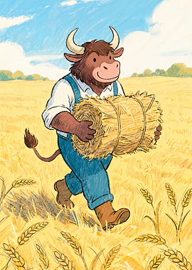 Anthropomorphic Bull Farmer Carrying Hay Bale