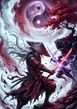 Samurai Battle Under Yin Yang Moon