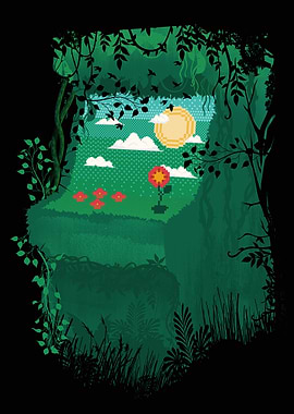 Pixelated Forest Landscape with Sun and Flowers